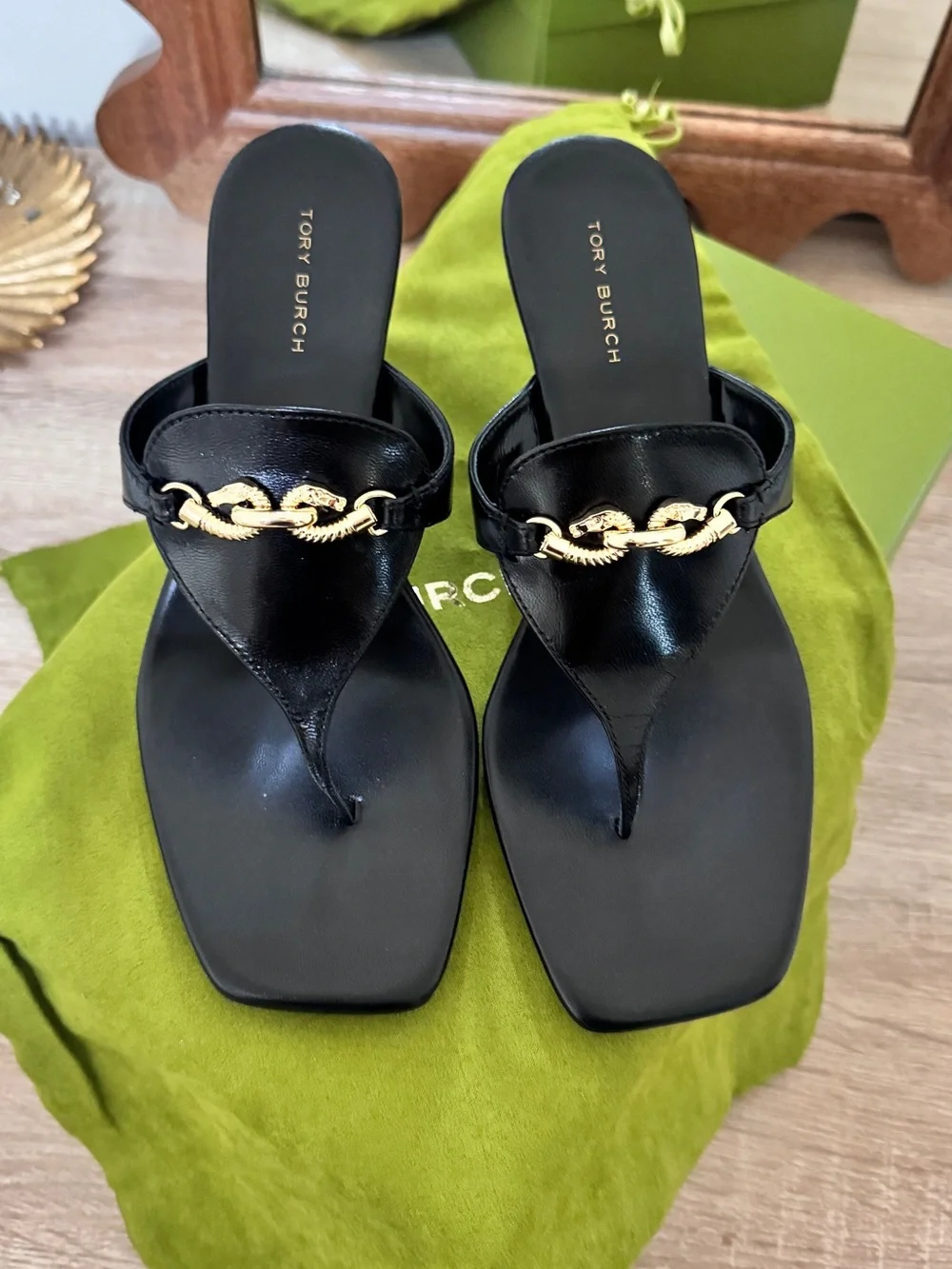 Tory Burch Black Leather Thong Mules with Gold Chain Accent
